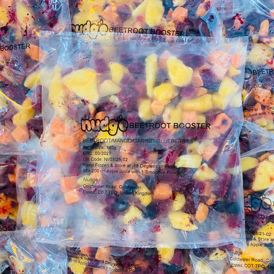 Nudge beetroot booster frozen smoothie 140 gram sachet of beetroot, mango, carrot and blueberries