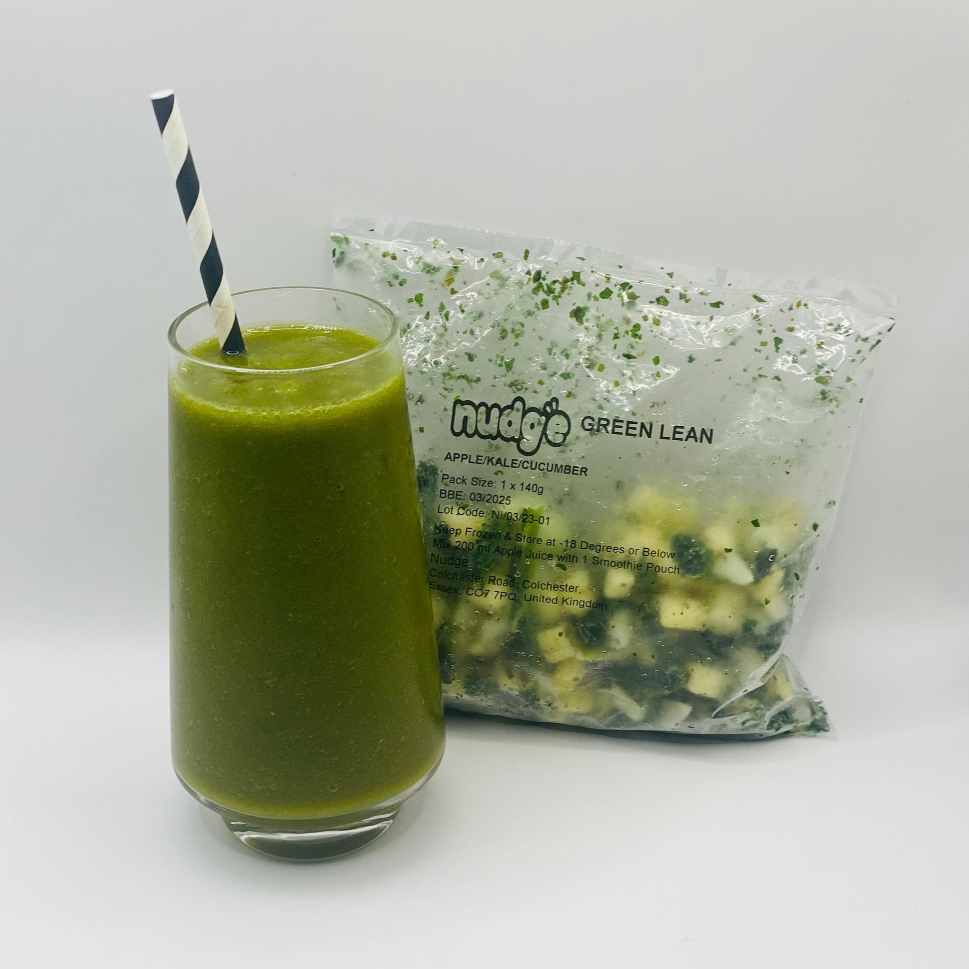 Nudge green lean frozen smoothie in glass with 140 gram sachet of apple, kale and cucumber