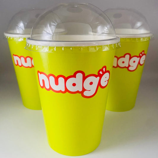 Nudge branded paper cups with domed lid for smoothies and milkshakes