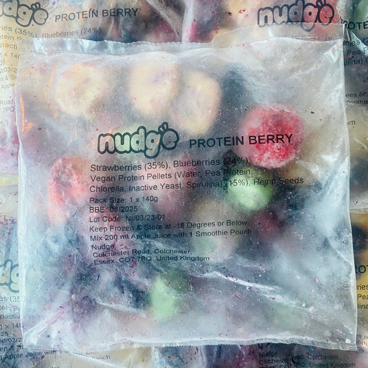 Nudge superfood protein berry frozen smoothie 140 gram sachet of strawberries, blueberries, banana, hemp seeds and pea protein