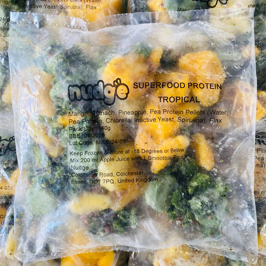Nudge superfood protein tropical frozen smoothie 140 gram sachet of mango, spinach, pineapple, flax seeds and pea protein